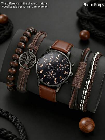 LIANDU LIANDU Men's Watch Set Casual, Fashionable, Round Dial Quartz Watch PU Strap With Leather Cord Set Perfect For Daily Wear Birthday Gift, Back-To-School Season, Thanksgiving, Couples' Occasions Best Gift (Watch Box Not Included)