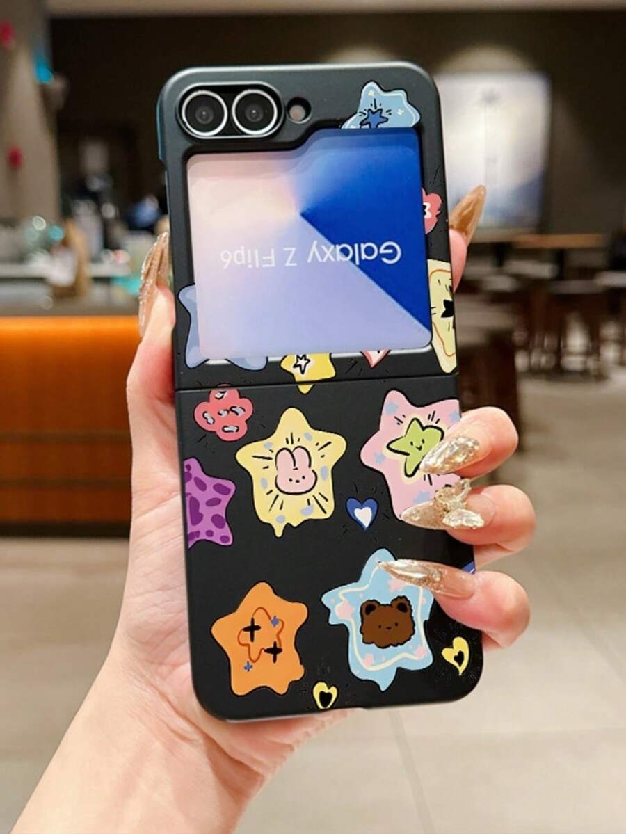 1pc Fashionable And Minimalist Skin Feel PC Material Cute And Minimalist Full Screen Star Animal Element Folding Phone Case, Can Protect And Prevent Falling For: SamsungGalaxy Zflip 3/Zflip 4/Zflip 5/Zflip 6/Zflip 7/ Find N3 Flip/ Razr 50 Ultra/ Razr 60 Ultra/ Razr 60/ Razr 50/XiaomiMIX Flip/Galaxy Z Flip7 FE - Black - View 1