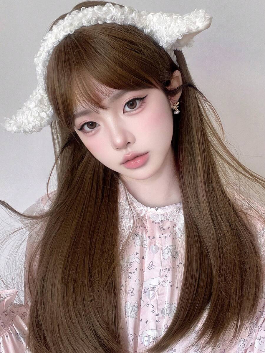 alicegarden 24-Inch Long Synthetic Wig Featuring A Natural Straight Style A Stunning Rust-Brown. Designed With Bangs , It Is Crafted From Heat-Resistant Fiber To Ensure Durability. This False Hairpiece Is Perfect For Daily Use, Offering A Natural And Realistic Appearance That Mimics. (Excluding Accessories) - Rust Brown - View 1
