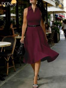 DONICY 女士白色无袖翻领系腰A字长裙，时尚优雅，适合春夏穿着，可用于约会、外出、度假、婚礼和宾客着装。 - 酒紅色 - 查看 6