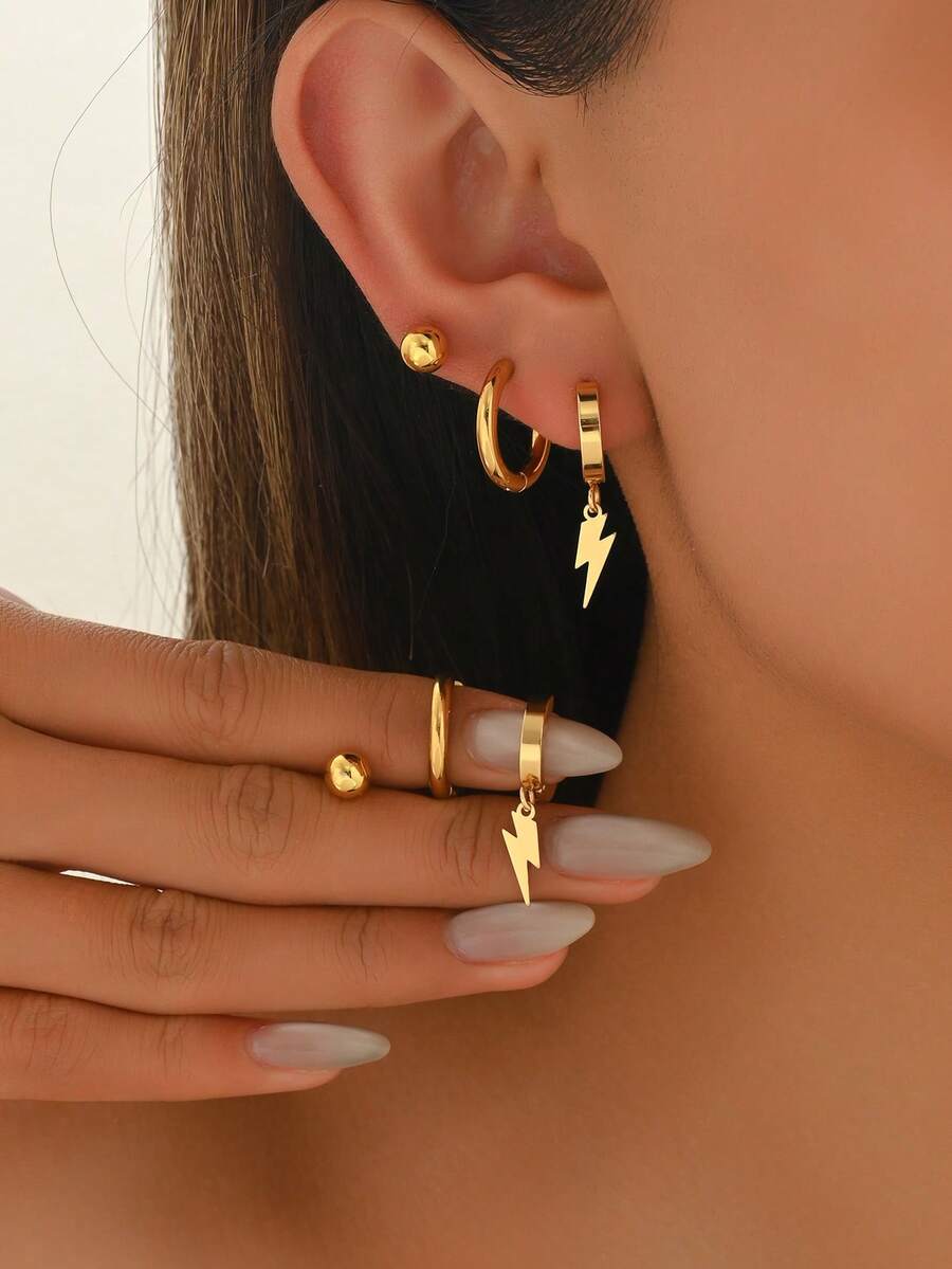 6pcs Set Minimalist French Luxury Lightning Pendant Stainless Steel Earrings, Versatile Daily Wear For Women - Multicolor - View 1