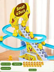 1pc Cute Automatic Electric Track Slide With Music & Lights, Yellow Duck Climbing Stairs Design, Manual Track Installation Required (2 X AA Batteries Needed) - Multicolor - View 16