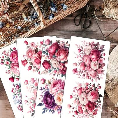 Bộ 4 tờ decal dán hình hoa hồng và mẫu đơn màu hồng trang nhã dành cho lọ thủy tinh 16oz - Chất liệu vinyl UV DTF với lá xanh, lý tưởng cho các dự án, trang trí nhà cửa và làm quà tặng, trang trí thủ công | Họa tiết hoa | Vinyl, Trang trí hoa