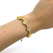 Gold Beaded Bracelet Women's Adjustable Drawstring Coin Charm Retro Religious St Benedict Medal Bracelet - Gold - View 1