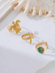 Set de 3 piezas de joyería de anillos abiertos con estrella de mar y concha de estilo oceánico azul, adecuado para vacaciones de playa casuales - Amarillo Oro - Ver 3