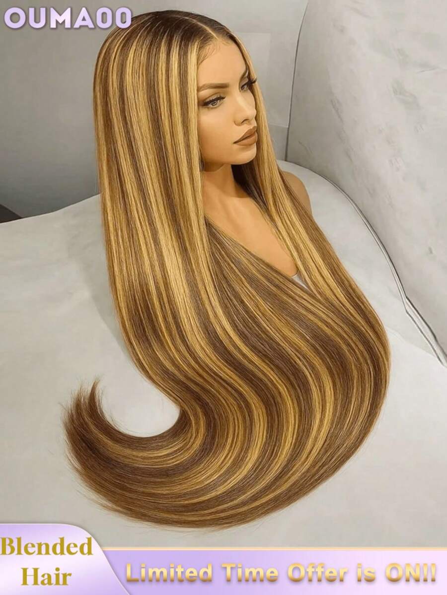 200%高密度顺滑直发假发 - 13x6高清蕾丝前额真人发混纺，预先拔毛，无需胶水，超浓密丝滑，自然逼真，无需胶水，即戴即用