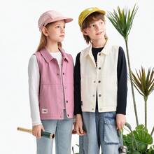 Annil 少女款男女通用棉质牛仔翻领背心，透气春季套装 - 梔子白 - 查看 10