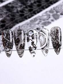 10 Rolls/Box Black & White Lace Nail Art Stickers, Nail Transfer Stickers, DIY Nail Decoration Accessories Nails Nail Supplies - 多色 2 - 查看 7