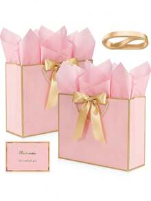 精美礼品袋，含丝带、感谢卡、蝴蝶结纸质礼品袋，伴娘礼品袋，完美适用于任何生日、婚礼、母亲节礼物、伴娘派对或礼品包装。 - 粉紅色 - 查看 2