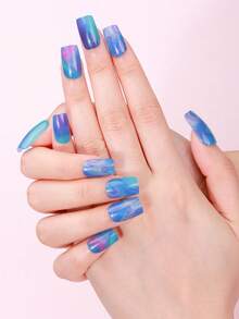 Bộ 22 miếng dán móng tay gel không tia UV, họa tiết chuyển màu xanh tím, kiểu vân đá cẩm thạch, phong cách mộng mơ, tự dính, dễ sử dụng, thích hợp cho phụ nữ và bé gái tự làm móng tại nhà. - Màu xanh lam - Xem 5