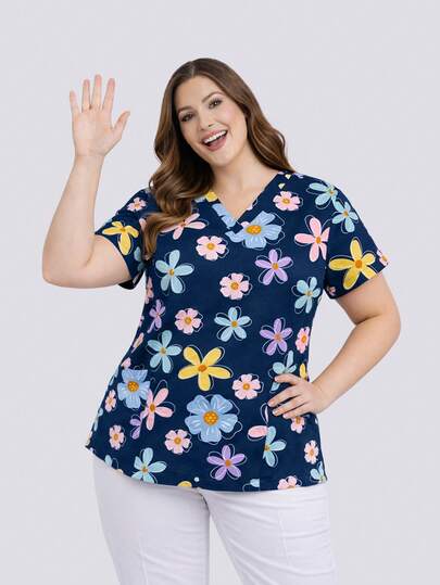 cimmuovere Plus Size Women's V-Neck Loose Short Sleeve Cute Heart Print Dual Pocket Scrubs Nurse Scrubs Workwear Dentist Healthcare Pet Hospital Laboratory Top Spring