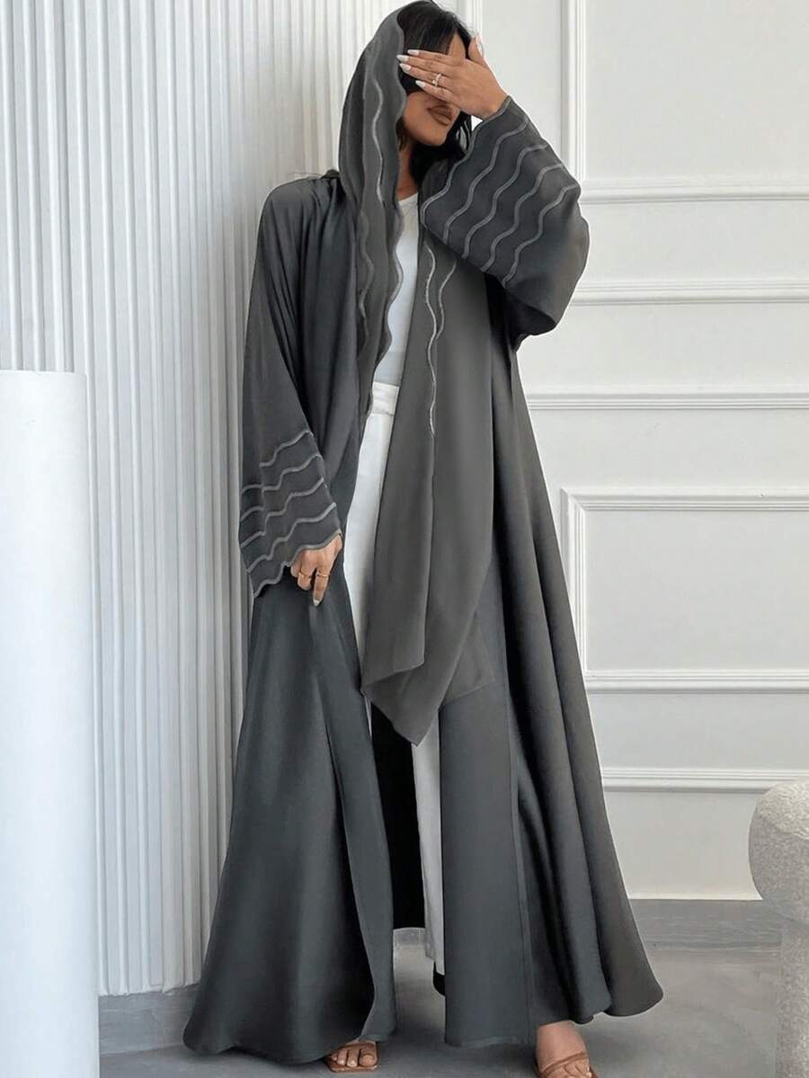 女士灰色长袍，配条纹刺绣外套和头巾，适合开斋节穿着 - 灰色 - 查看 1