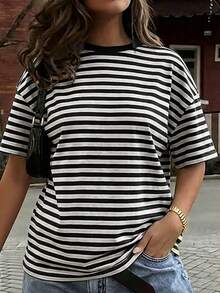 Vaiaye 女士宽松圆领休闲T恤，条纹撞色修身短袖T恤，适合春夏穿着，情人节理想之选 - 黑白條紋 - 查看 6