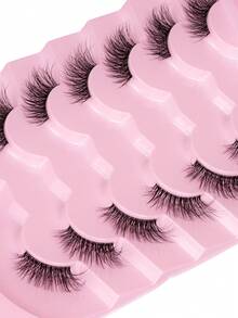 7对短款3D半条仿貂毛假睫毛，透明梗，猫眼款式，自然妆效 - 黑色 - 查看 2