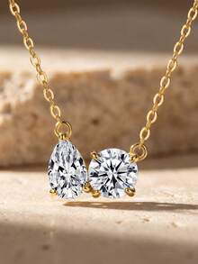1pc S925 Sterling Silver Teardrop & Round Diamond Pendant Necklace, Exquisite Jewelry Gift For Women - Round Diamond - View 6