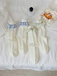 1 Pair Women's Mid-Calf Socks, White Mesh Lace Bow Ribbon Lolita Style, Comfortable Breathable Summer Socks - Multicolor - View 3