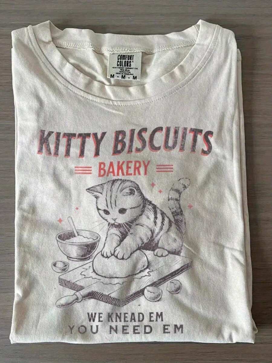 Whimsical Unisex Kitty Biscuits Bakery Graphic T-Shirt, Retro Kitten Baking Print Casual Summer Crew Neck Short Sleeve Top Baking Lover 100% Cotton - 白色 - 查看 1