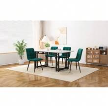 Black Dining Table 120 X 70 Cm With 4 Matching Chairs, Modern Kitchen Table And Chair Set, Dark Green Velvet Dining Chairs, Table With Black Iron Legs - Dark Green - View 2