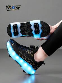 YAOSF Giày trượt patin LED phát sáng, giày bánh xe tiên tiến phù hợp cho trẻ em và thanh thiếu niên, phiên bản nâng cấp với bánh xe có thể thu gọn, đèn chiếu sáng thời trang, giày thể thao ngoài trời, giày phát sáng nhiều màu sắc dành cho cả nam và nữ. - màu đen - Xem 10