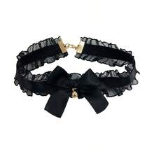 Women's Lace Bow Tie Collar With Small Bell Pendant Necklace, Suitable For Evening Gown And Wedding - Black - View 3