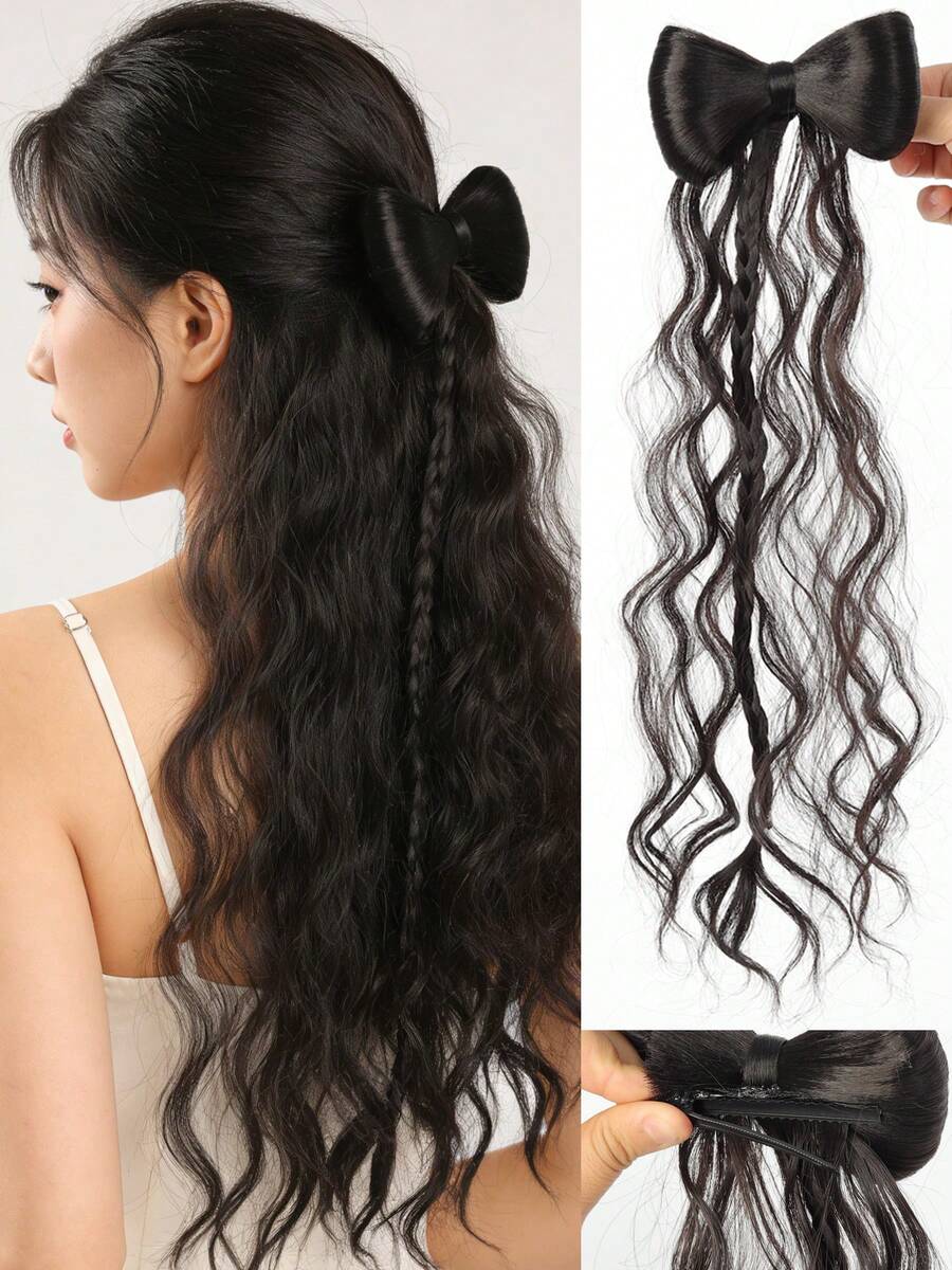 Búi tóc giả kiểu nơ với tua rua xoăn, chịu nhiệt, phụ kiện tóc giả tự nhiên, kẹp tóc nơ bông xù, dụng cụ tạo kiểu tóc giả.