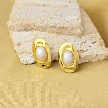 Luxury Stainless Steel Gold Plated Non-Fading Oil Pressure Earrings, Fashionable Personalized Gold Shell Pearl Shape Earrings - Butterfly - View 5