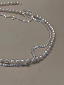 2pcs/Set Shimmering Pearl Necklace Set For Women (Pearl Quantity Random), Suitable For Daily Wear Accessories, Niche Gift - Silver - View 6