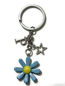 Sunflower Initial Keychain, Personalized Sunflower Charm Keychain, Sunflower Gift, Gardening Gift, Nature, Sunflower Pendant Accessory, Daisy Flower Gift - Sunflower Blue - View 3