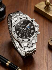 这款四件套婚礼季轻奢男士商务礼盒，属于男士腕表配件系列，包含一款多功能奢华男士腕表、一支男士钢笔、一个压纹钱包和一个钥匙扣。银色金属表带搭配罗马数字时标，散发着沉稳高贵的气质，彰显精英品味。 - 銀色 - 查看 8