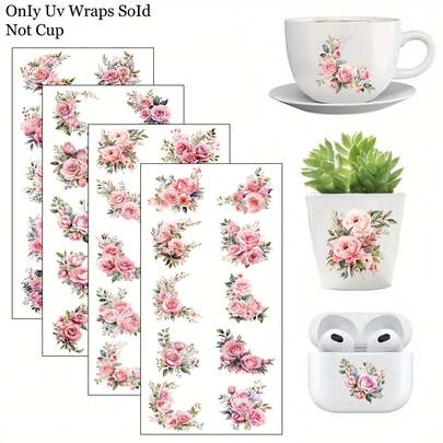 40-delars set med eleganta rosa rosor och gröna bladöverföringsklistermärken UV DTF-överföringsklistermärken i vinyl - Mångsidiga och hållbara, bohemiska blommiga alla hjärtans dag-mönster i plast för glasmuggar, möbler, glas, enkel applicering, gör-det-själv-hem och livsstilsinspirerad. Matt finish PVC vattentäta självhäftande dekorativa omslag, engångsbruk - vacker blomdesign