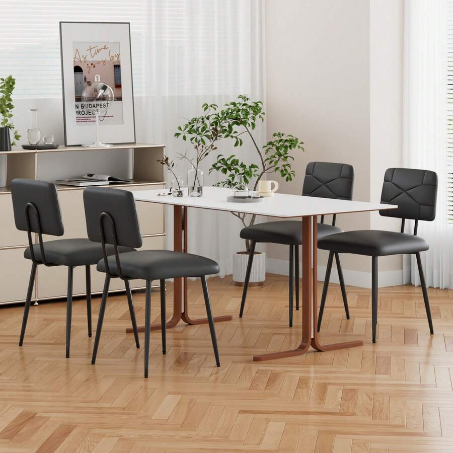 VECELO Dining Chairs Set Of 4, Modern Upholstered Dining Room Chairs With PU Leather Padded Seat, Armless Kitchen Chairs With Curved Backrest And Solid Wood Legs For Dining Room, Kitchen, Apartment - 黑色 - 查看 1