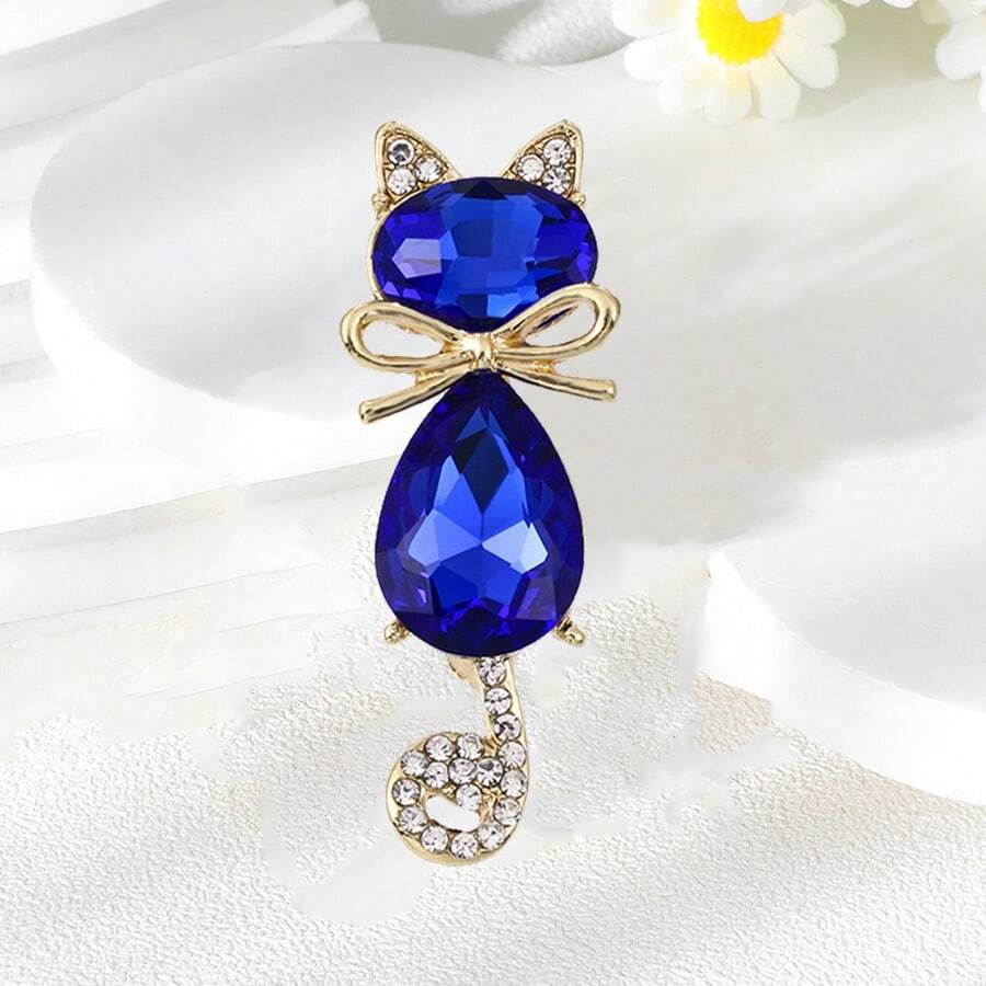 1枚可爱蓝色猫咪锌合金胸针，适合女性日常、派对、节日佩戴，可作为礼物赠送 - 藍色 - 查看 1