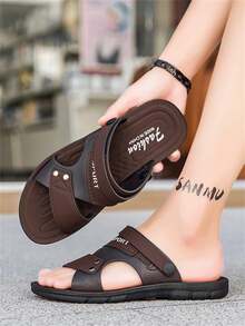 春夏新款EVA户外仿皮加大码男士凉鞋，沙滩、居家、户外步行皆宜，防滑、防臭、厚底、舒适拖鞋 - 棕色 - 查看 1
