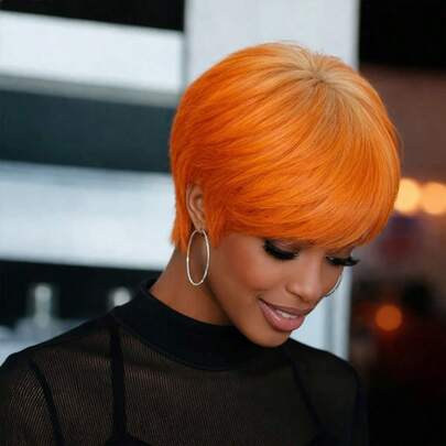 女士短款精灵假发 - 27/350 混合色真人发，层次分明带刘海，150% 密度，无胶玫瑰网帽，时尚百搭，适合日常佩戴和派对场合