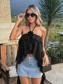 Vellofy Women's Y2K Sexy Halter Neck Ruffle Trim Crop Top, Backless Asymmetrical Strap Short Sexy Blouse, Suitable For Beach Holiday Outfit - Black - View 11