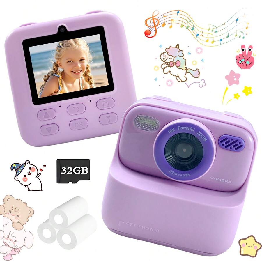 Cámara instantánea para niños de 3 a 12 años con pantalla de 2.4", impresión instantánea, tarjeta de memoria de 32GB, grabación de vida, regalo para reuniones familiares para niños y niñas - Multicolor - Ver 1