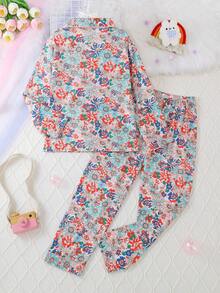 2026新款春季女童休闲印花翻领长袖开衫长裤睡衣套装，两件套，阻燃，四季皆宜 - 彩色 - 查看 2