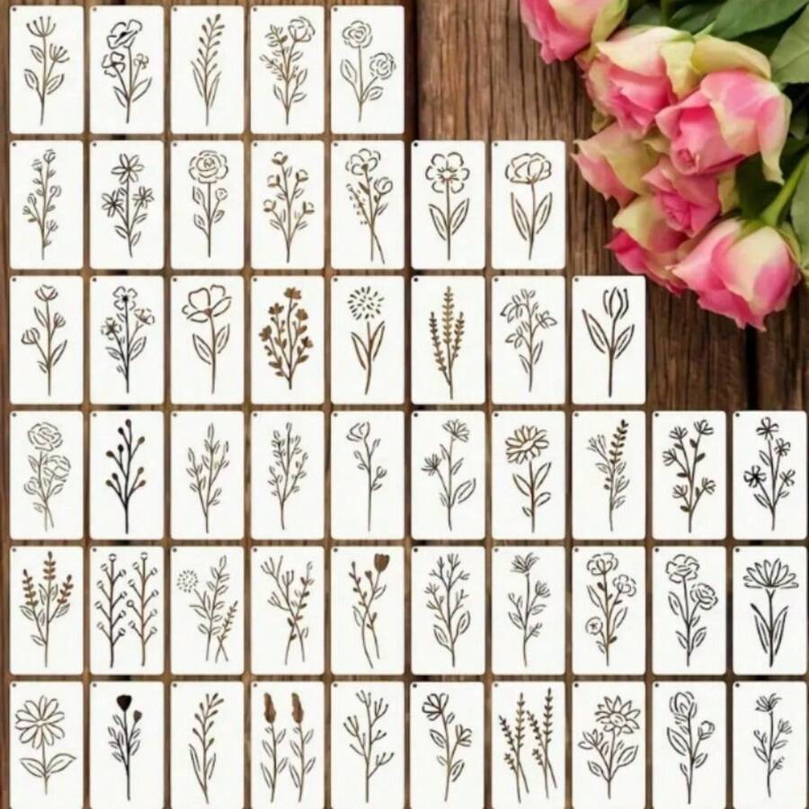 50件/套 花卉系列 DIY绘画模板套装 可重复使用镂空绘画模板 PET材质 可水洗 墙面艺术模板 卡片制作 - 多色 - 查看 1