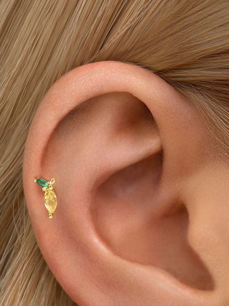 IN Z 1pc 925 Sterling Silver Cute Fruit Zirconia Inlaid Lemon Flat Back Labret Stud | Tiny Stud Earrings | Stacking Earring | Cross Earring | 925 Sterling Silver Jewelry | Suitable For Women's Daily Wear | Sold As 1 Piece (Not 1 Pair) - Lemon - View 1