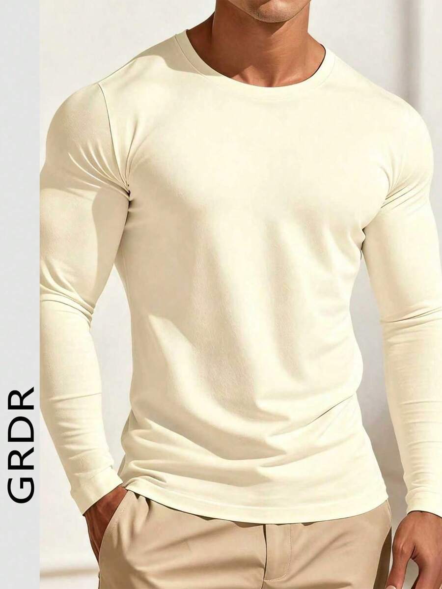 GRDR 男士休闲圆领长袖T恤，适合休闲、运动和通勤穿着。