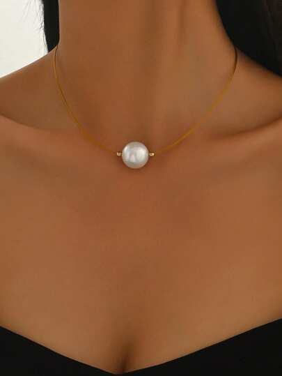 1件复古法式仿珍珠项链，配有优雅大珍珠吊坠，时尚别致的夏季颈链配饰