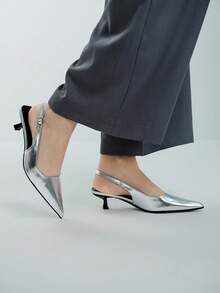 Women's Silver High Heel Pumps, 4cm Kitten Heel Shoes, Party Formal Slip-On Stilettos, Pointed Toe High Heels - Silver - View 2