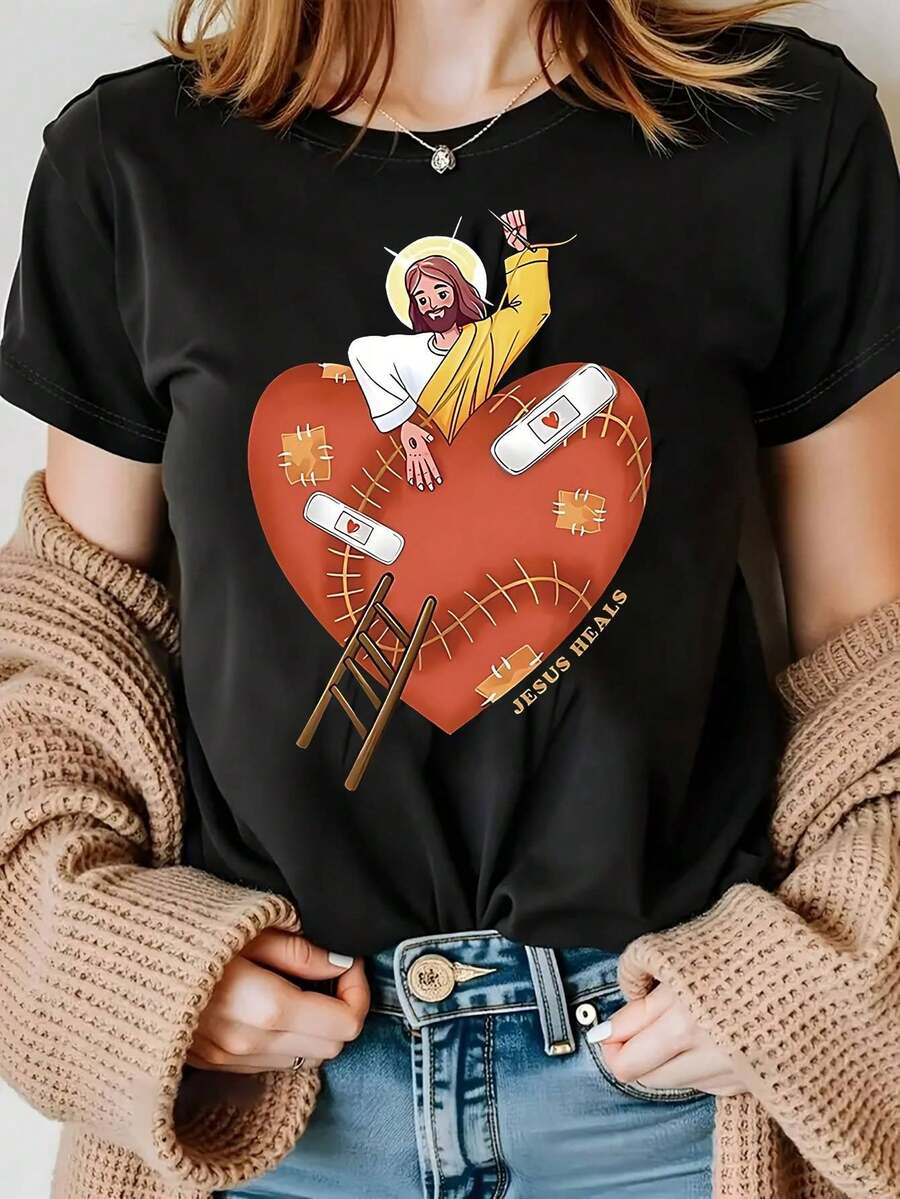 1 Camiseta Casual de Manga Corta para Mujer - Estampado 'JESÚS SANA' con Diseño de Corazón Naranja, Top Inspiracional Religioso para Atuendo Casual, Regalo Basado en la Fe Lavable a Máquina para Mujeres y Adolescentes - Oscuro - Ver 1