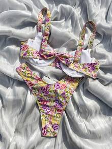 2 Stücke Damen Bikini Set mit Blume Muster, Dreieckiger Top + Hochtaillierte Hose, frisch süßer passender Strandurlaubs-Outfit - Verschiedenfarbig - Übersicht 3
