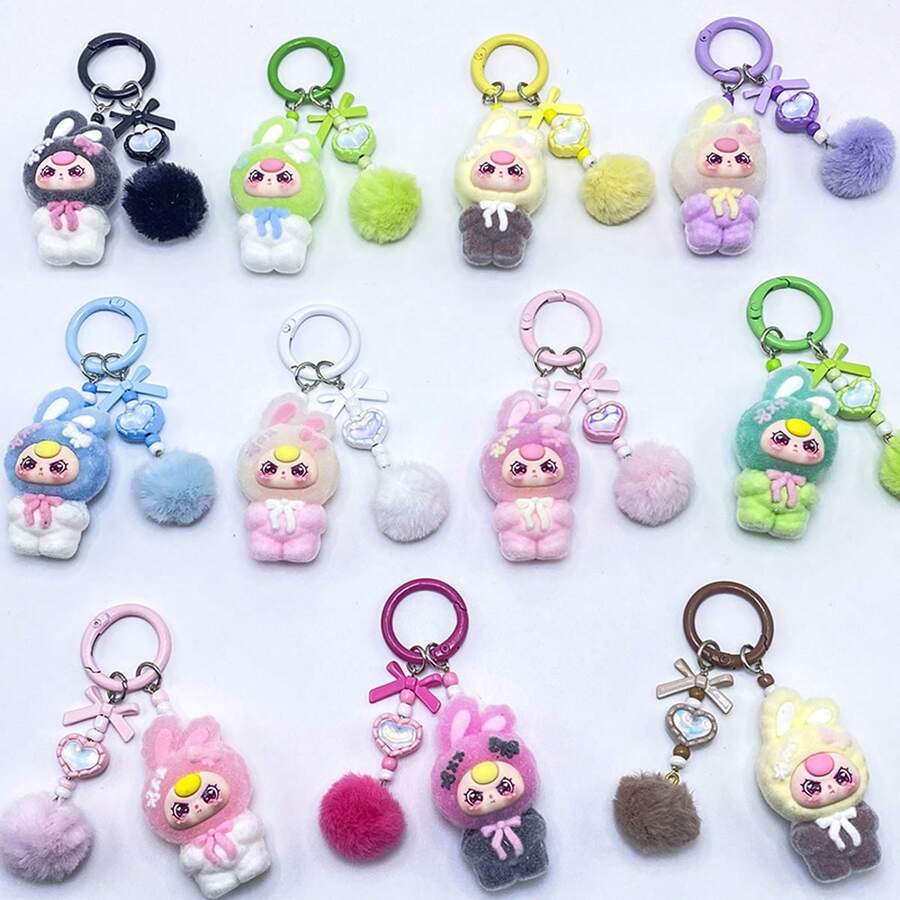 New Flocked Ombre Asymmetric Ear Keychain, Fashionable Cute Cartoon Accessory Bag Charm Key Chain - Multicolor - View 1