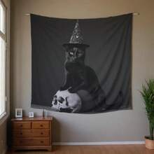Witch Cat Tapestry, Black Cat Skull Wall Hanging, Wiccan Home Decor, Halloween Dorm Art, Gothic Witchcraft Altar Cloth, Witchy Room - Multicolor - View 3