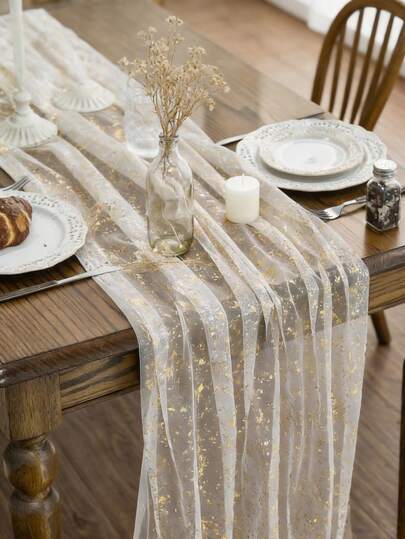 1条香槟金薄纱桌旗，70/120英寸，装饰性透明金属箔桌旗，适用于家庭聚会、婚礼、周年纪念、节日、生日派对；也可作为复活节桌旗和新年香槟金餐桌装饰。