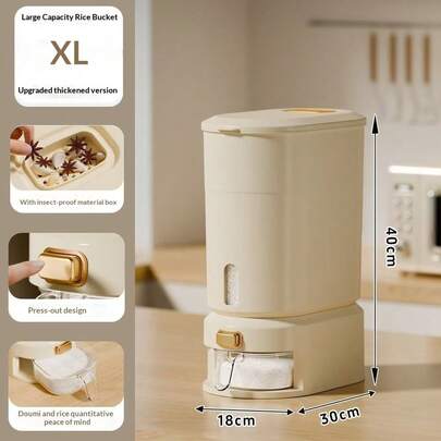10 kg/5 kg stor förvaringsbehållare för ris, extremt transparent/mjölkvit i två färger, insektssäkert och fukttätt PP-material, minimalistisk transparent + beige cylindrisk förvaringslåda med mätfunktion med en knapptryckning, lämplig för inflyttningsbruk och dagligt bruk