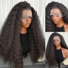 22英寸长波浪假发，13x4蕾丝前合成丝假发，150%密度自然发际线，耐热合成纤维假发，适合女性日常佩戴、聚会、度假等场合。 - 黑色 - 查看 3
