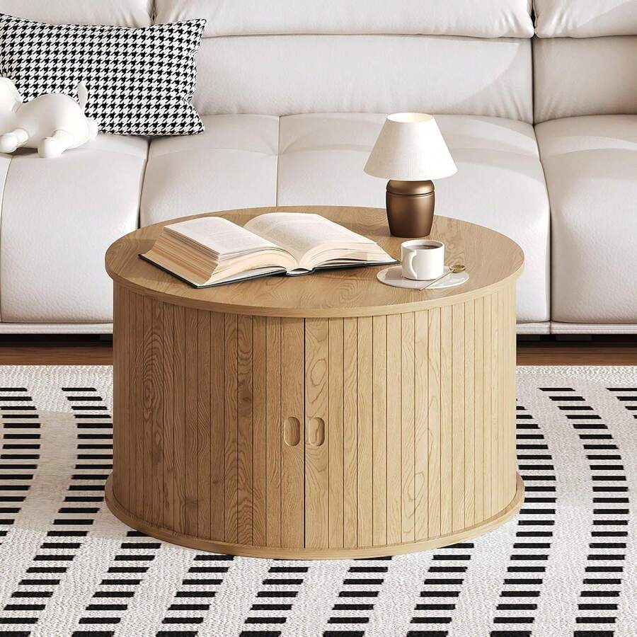 Mesa de café redonda clásica de 28 pulgadas mediados siglo con almacenamiento diseño acanalado puerta deslizante tambor fácil montaje perfecta para sala de estar hogar acento vintage - Natural - Ver 1